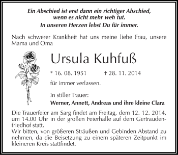 Traueranzeige von Ursula Kuhfuß von Mitteldeutsche Zeitung Halle/Saalkreis