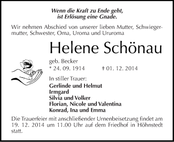 Traueranzeige von Helene Schönau von Mitteldeutsche Zeitung Halle/Saalkreis
