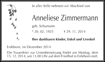 Traueranzeige von Anneliese Zimmermann von Mitteldeutsche Zeitung Mansfelder Land