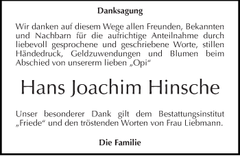 Traueranzeige von Hans Joachim Hinsche von Mitteldeutsche Zeitung Dessau-Roßlau