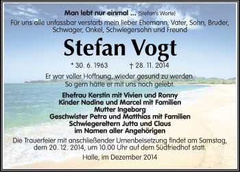 Traueranzeige von Stefan Vogt von Mitteldeutsche Zeitung Halle/Saalkreis