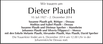 Traueranzeige von Dieter Plauth von Mitteldeutsche Zeitung Dessau-Roßlau