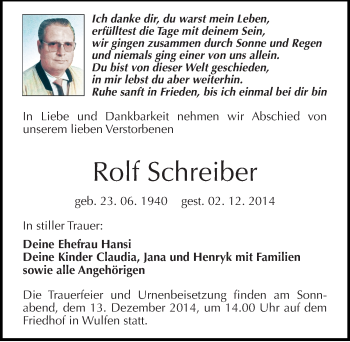 Traueranzeige von Rolf Schreiber von Mitteldeutsche Zeitung