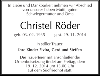 Traueranzeige von Christel Röder von Mitteldeutsche Zeitung Halle/Saalkreis