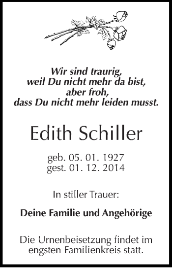 Traueranzeige von Edith Schiller von Mitteldeutsche Zeitung Halle/Saalkreis
