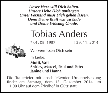 Traueranzeige von Tobias Anders von Mitteldeutsche Zeitung Halle/Saalkreis