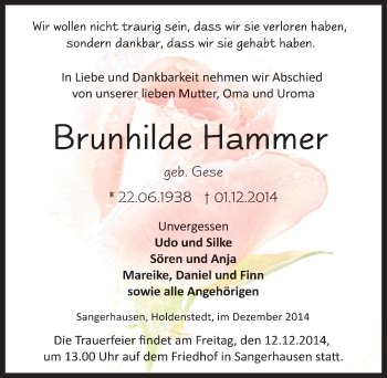 Traueranzeige von Brunhilde Hammer von Mitteldeutsche Zeitung Sangerhausen