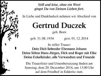 Traueranzeige von Gertrud Duczek von Mitteldeutsche Zeitung