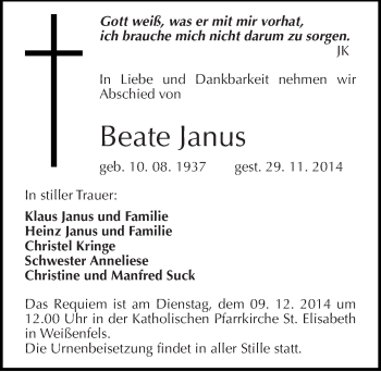 Traueranzeige von Beate Janus von Mitteldeutsche Zeitung Weißenfels