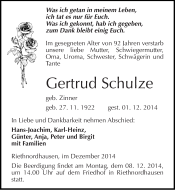 Traueranzeige von Gertrud Schulze von Mitteldeutsche Zeitung Sangerhausen