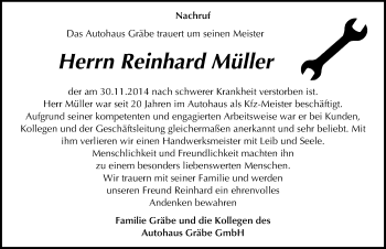 Traueranzeige von Reinhard Müller von Mitteldeutsche Zeitung Mansfelder Land