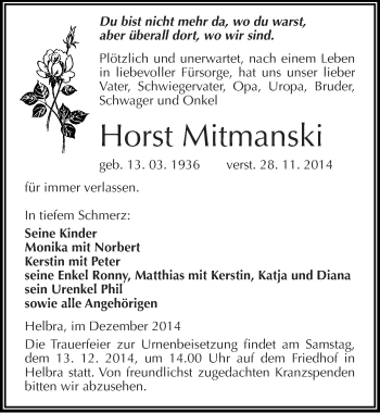 Traueranzeige von Horst Mitmanski von Mitteldeutsche Zeitung Mansfelder Land