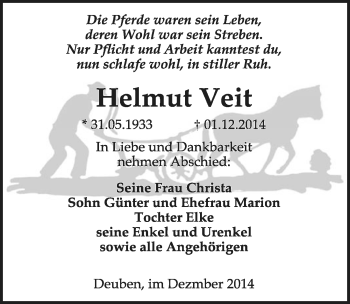 Traueranzeige von Helmut Veit von Mitteldeutsche Zeitung Weißenfels
