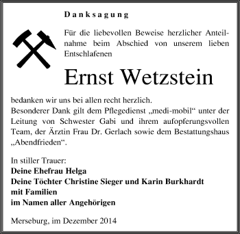 Traueranzeige von Ernst Wetzstein von Mitteldeutsche Zeitung Merseburg/Querfurt