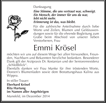 Traueranzeige von Emmi Krösel von Mitteldeutsche Zeitung Mansfelder Land
