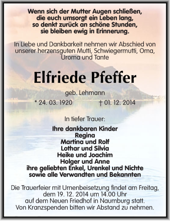 Traueranzeige von Elfriede Pfeffer von Mitteldeutsche Zeitung Naumburg/Nebra