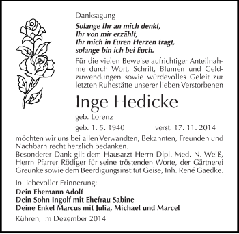Traueranzeige von Inge Hedicke von Mitteldeutsche Zeitung Köthen