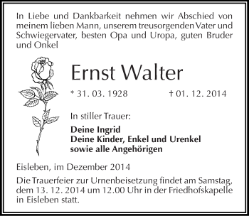 Traueranzeige von Ernst Walter von Mitteldeutsche Zeitung Mansfelder Land