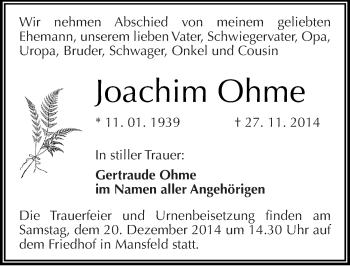Traueranzeige von Joachim Ohme von Mitteldeutsche Zeitung Mansfelder Land