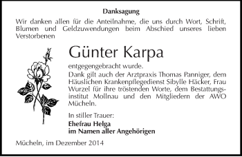Traueranzeige von Günter Karpa von Mitteldeutsche Zeitung Merseburg/Querfurt