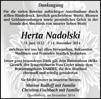 Traueranzeige von Herta Nadolski von Mitteldeutsche Zeitung