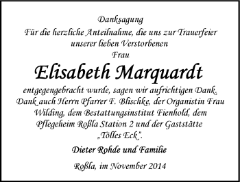 Traueranzeige von Elisabeth Marquardt von Mitteldeutsche Zeitung Sangerhausen