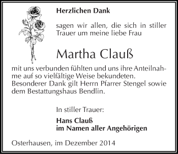 Traueranzeige von Martha Clauß von Mitteldeutsche Zeitung Mansfelder Land