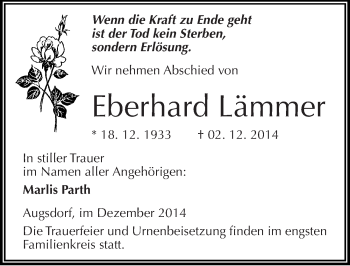 Traueranzeige von Eberhard Lämmer von Mitteldeutsche Zeitung Mansfelder Land