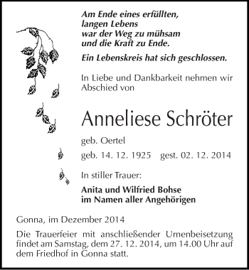 Traueranzeige von Anneliese Schröter von Mitteldeutsche Zeitung Sangerhausen