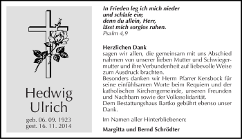 Traueranzeige von Hedwig Ulrich von Mitteldeutsche Zeitung