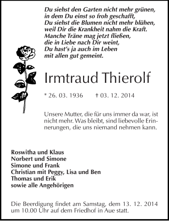 Traueranzeige von Irmtraud Thierolf von Mitteldeutsche Zeitung Naumburg/Nebra