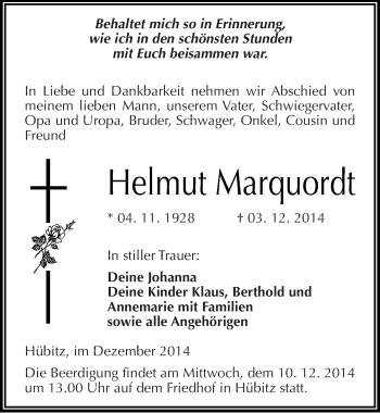 Traueranzeige von Helmut Marquordt von Mitteldeutsche Zeitung Mansfelder Land
