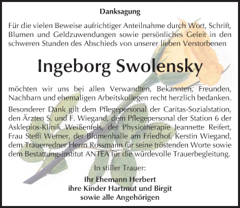 Traueranzeige von Ingeborg Swolensky von Mitteldeutsche Zeitung Weißenfels