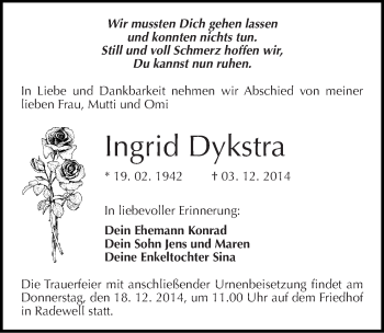 Traueranzeige von Ingrid Dykstra von Mitteldeutsche Zeitung Halle/Saalkreis