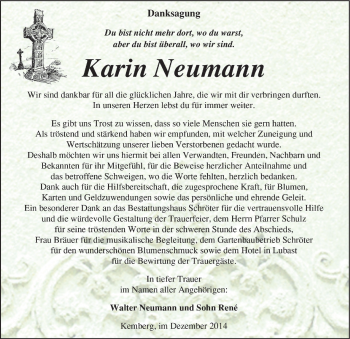 Traueranzeige von Karin Neumann von Mitteldeutsche Zeitung Wittenberg