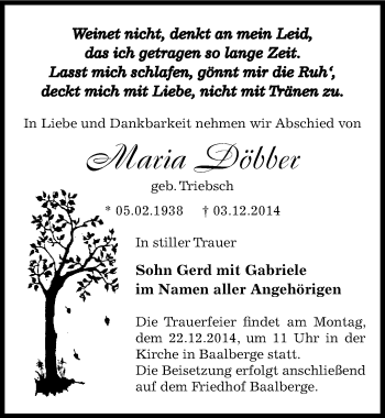 Traueranzeige von Maria Döbber von Mitteldeutsche Zeitung Bernburg