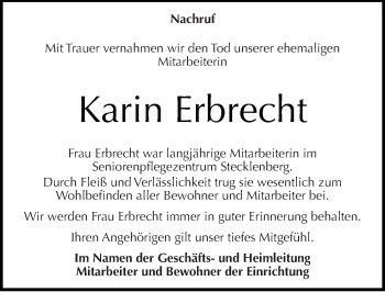Traueranzeige von Karin Erbrecht von Mitteldeutsche Zeitung Quedlinburg