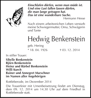 Traueranzeige von Hedwig Benkenstem von Mitteldeutsche Zeitung Sangerhausen