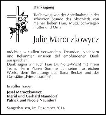 Traueranzeige von Julie Maroczkowycz von Mitteldeutsche Zeitung Sangerhausen