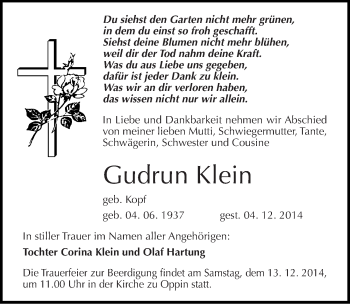 Traueranzeige von Gudrun Klein von Mitteldeutsche Zeitung Halle/Saalkreis