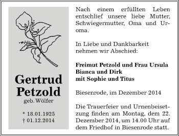 Traueranzeige von Gertrud Petzold von Mitteldeutsche Zeitung Mansfelder Land