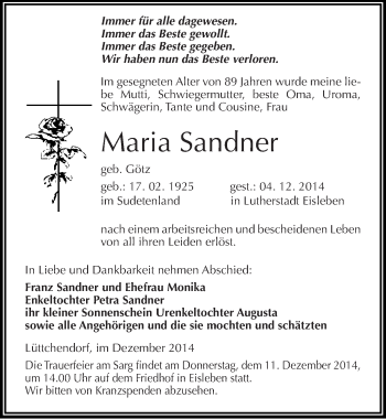 Traueranzeige von Maria Sandner von Mitteldeutsche Zeitung Mansfelder Land