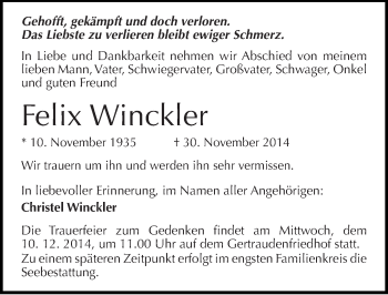 Traueranzeige von Felix Winckler von Mitteldeutsche Zeitung Halle/Saalkreis