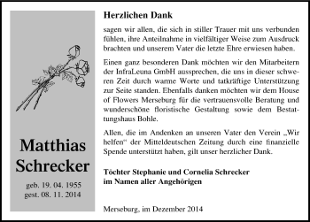 Traueranzeige von Matthias Schrecker von Mitteldeutsche Zeitung Merseburg/Querfurt