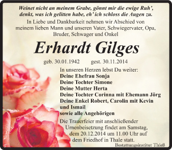 Traueranzeige von Erhardt Gilges von Mitteldeutsche Zeitung Quedlinburg