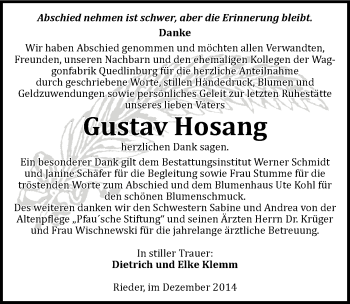 Traueranzeige von Gustav Hosang von Mitteldeutsche Zeitung Quedlinburg
