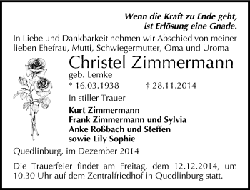 Traueranzeige von Christel Zimmermann von Mitteldeutsche Zeitung Quedlinburg