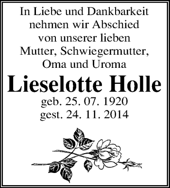 Traueranzeige von Lieselotte Holle von Mitteldeutsche Zeitung Quedlinburg