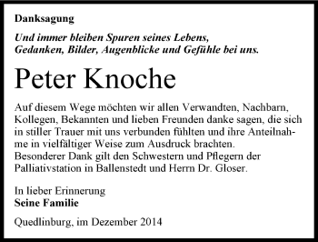 Traueranzeige von Peter Knoche von Mitteldeutsche Zeitung Quedlinburg