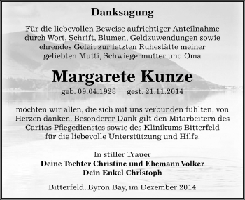 Traueranzeige von Margarete Kunze von Mitteldeutsche Zeitung Bitterfeld